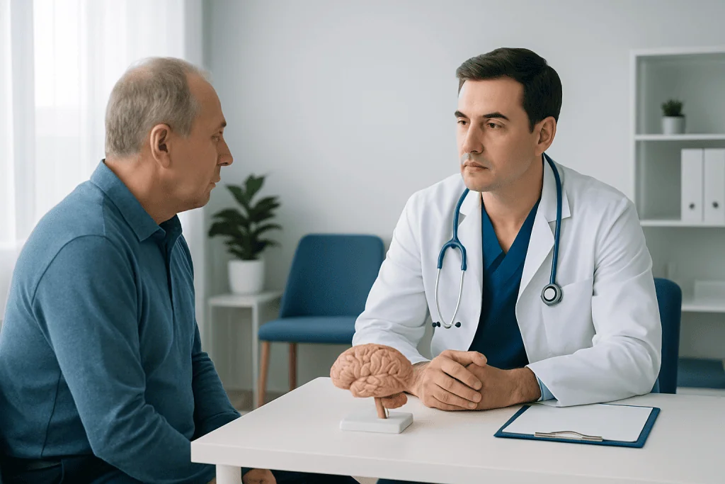 Neurosurgeon consulting with patient about brain health in a medical office.