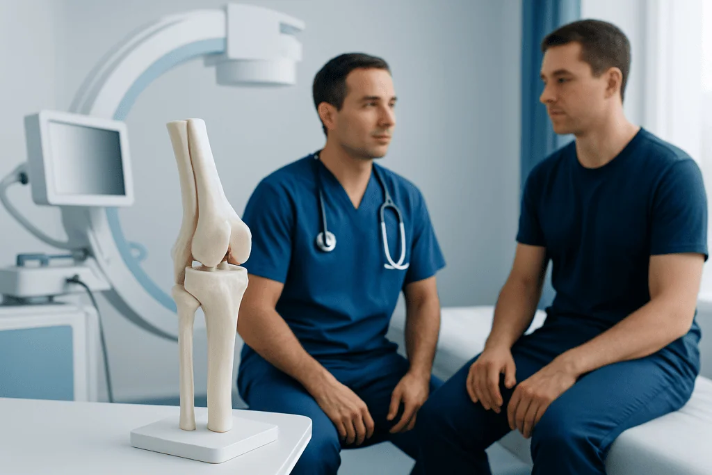 Orthopedist consulting patient with knee model in clinic.