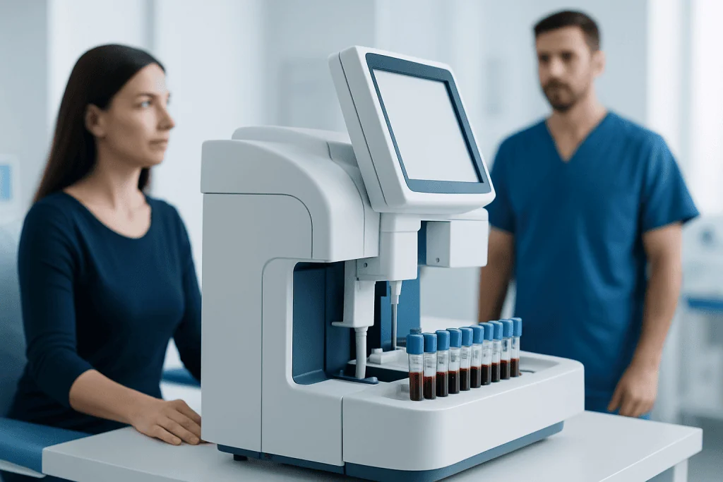 Medical professionals using hematology analyzer in laboratory setting.