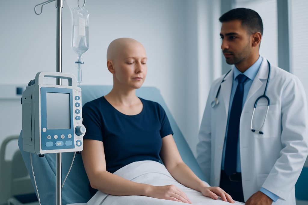 Patient with cancer receiving treatment in hospital.