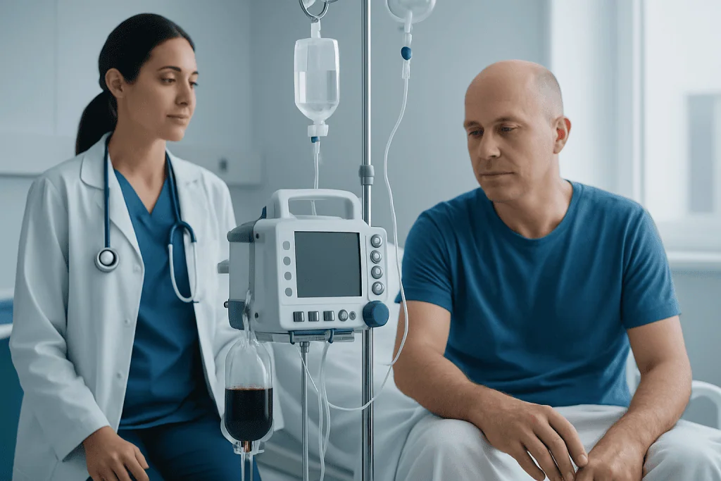 Patient receiving blood treatment in a hospital setting with medical staff present.