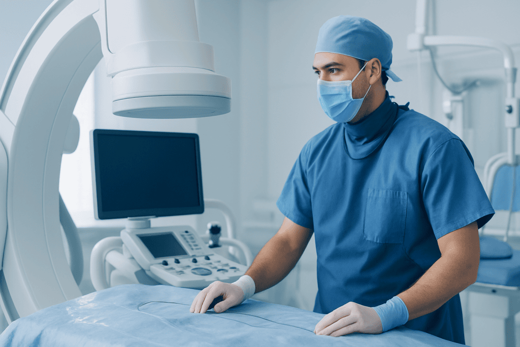 Interventional neurology procedure in a modern hospital setting.
