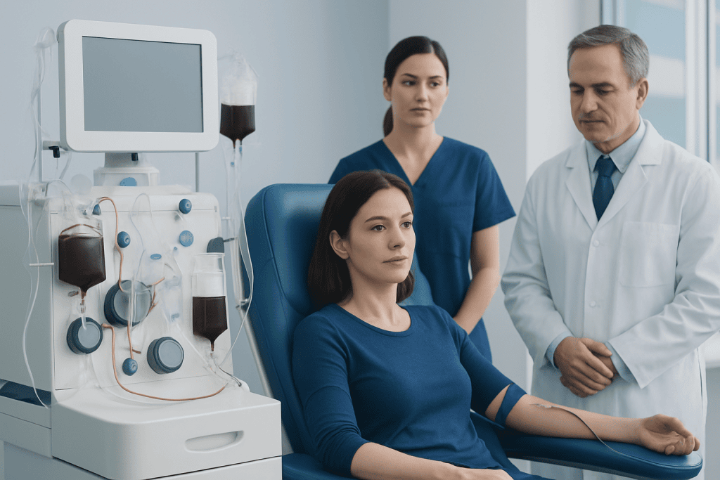 Patient undergoing dialysis treatment in a hospital setting.
