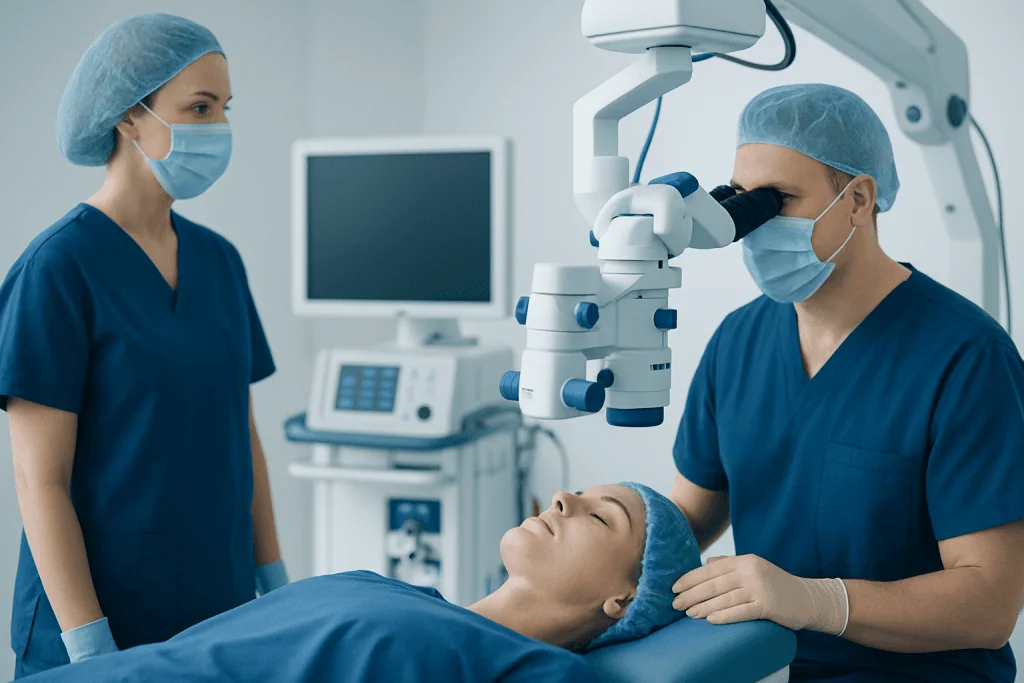 Oculoplastic surgeon performing eye surgery with medical team in operating room.