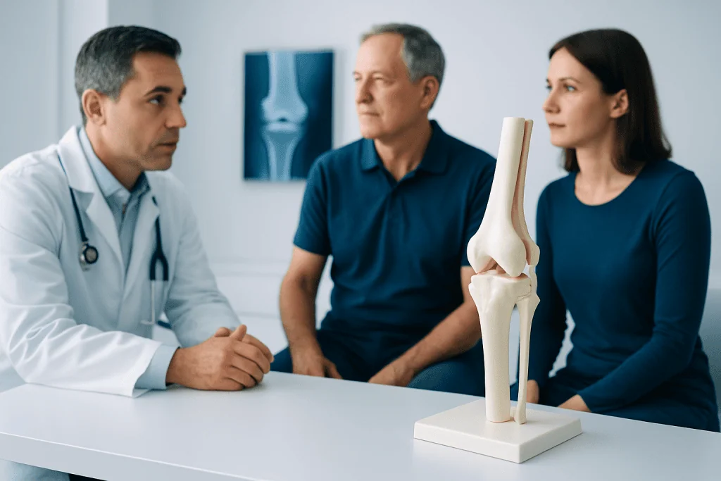 Orthopedic consultation with a doctor and patients discussing knee health.