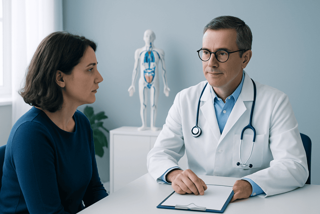 Endocrinologist consulting with a patient in a medical office.