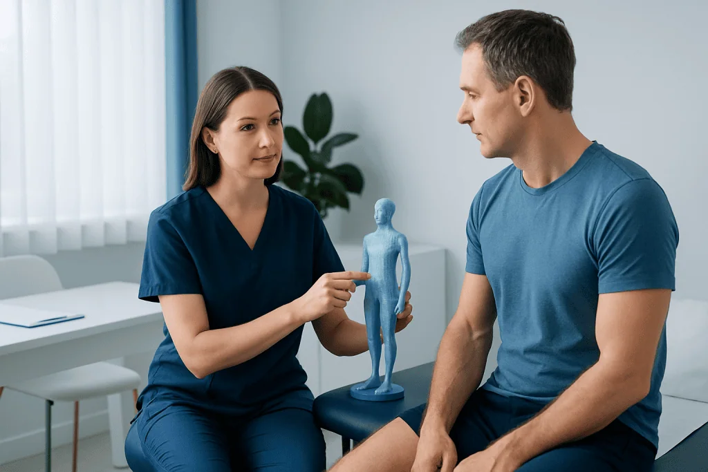 Physiotherapist explains dry needling to patient in clinic setting.