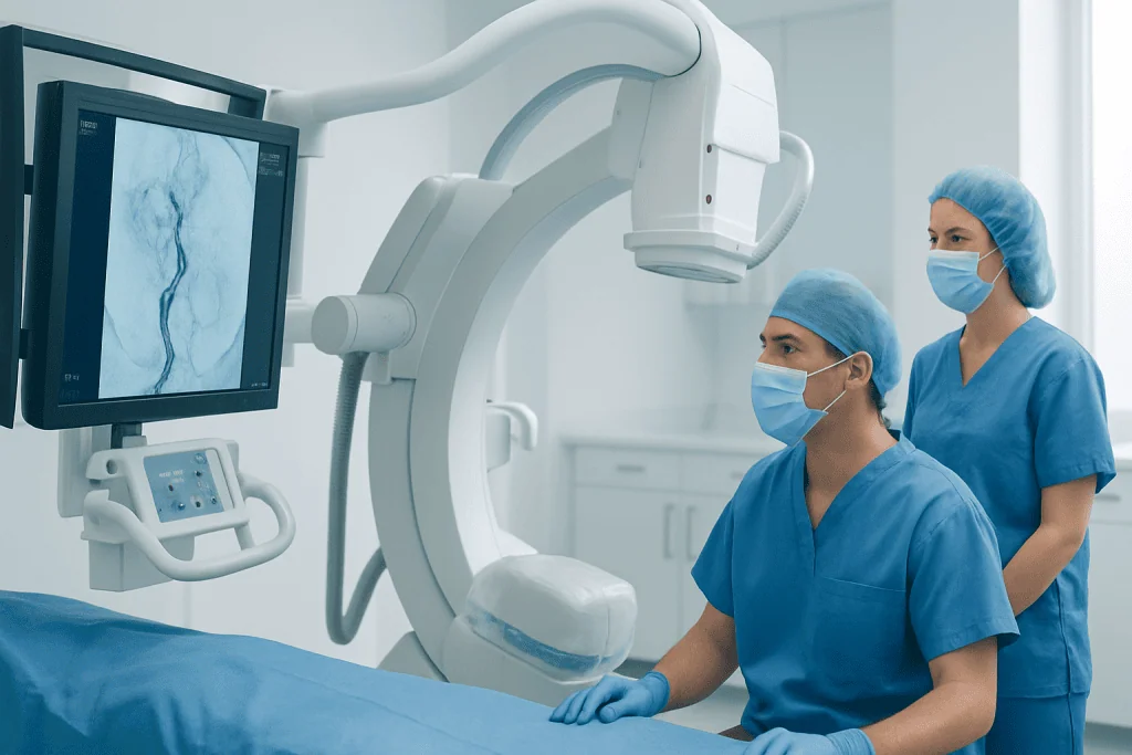 Medical team performing interventional neuroradiology procedure with advanced imaging equipment.