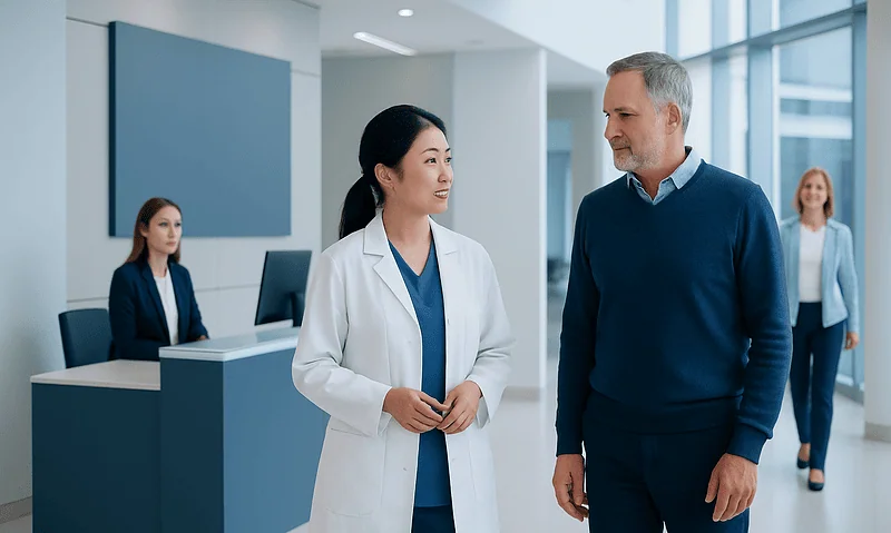 Healthcare professionals discussing patient care in a modern hospital lobby.