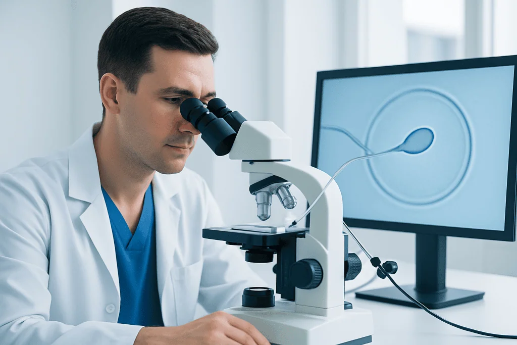 Researcher examining sperm sample under microscope at laboratory.