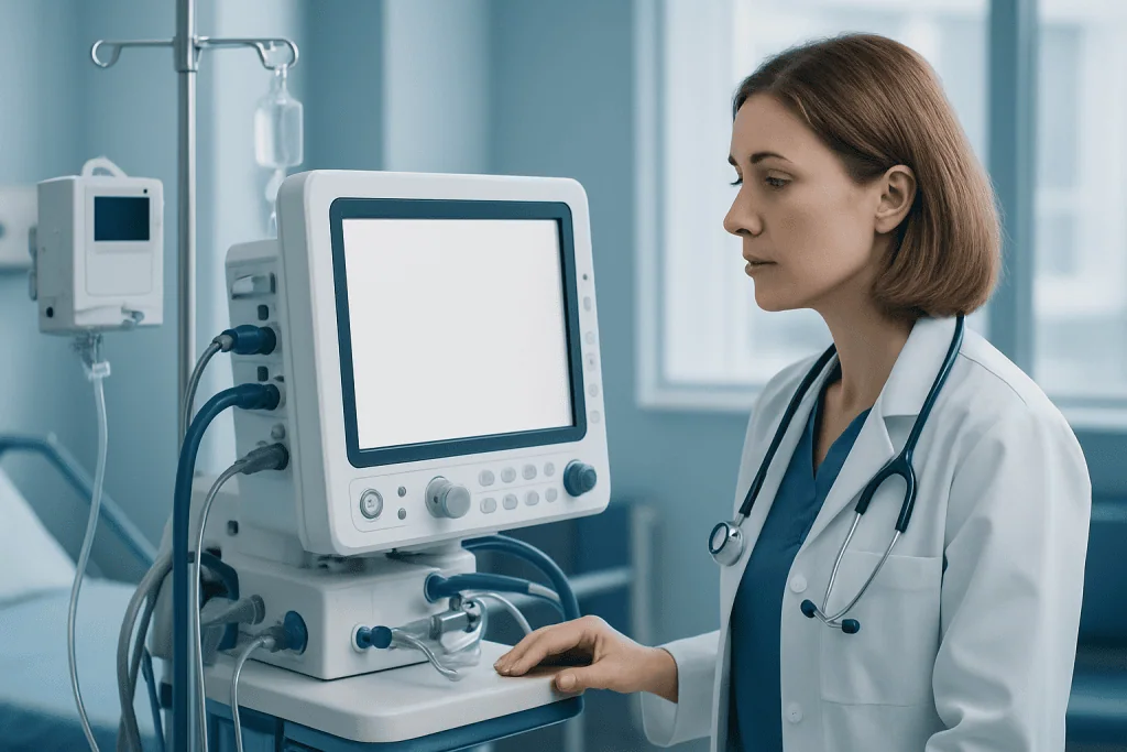 Female doctor operating medical ventilator in hospital.
