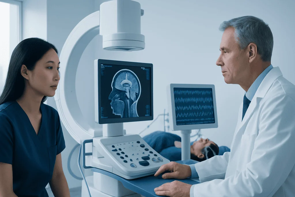 Doctor and nurse reviewing brain scan in a medical imaging room.
