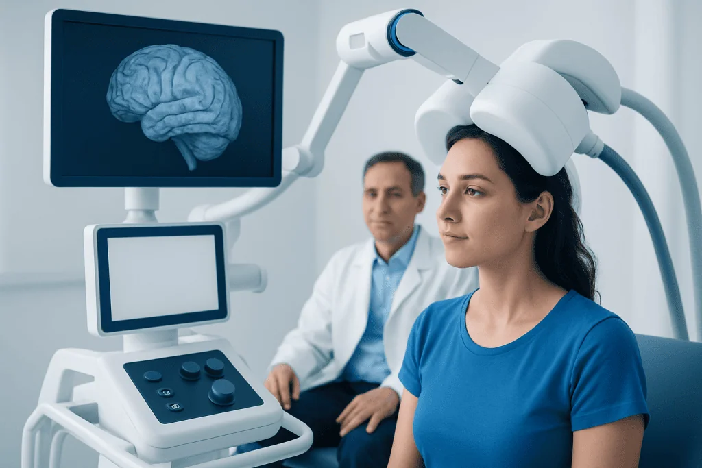 Medical professionals analyzing brain scan in a modern hospital setting.