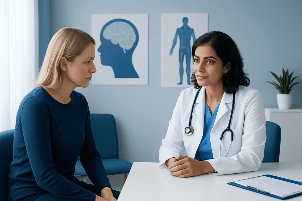 Doctor consulting with a patient in a medical office with brain and body diagrams on the wall.