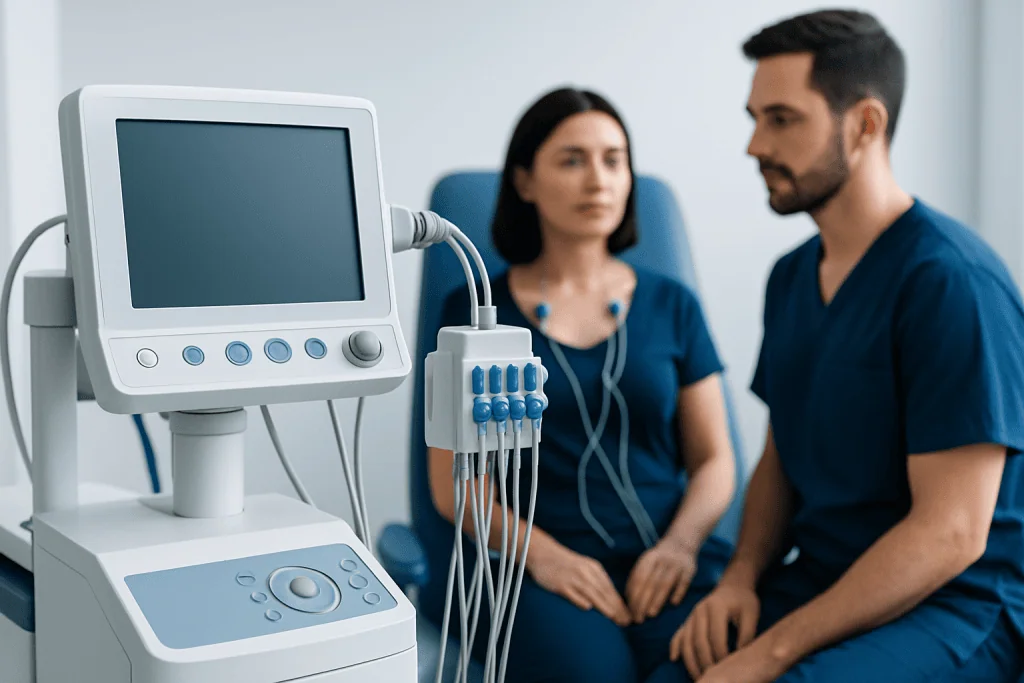 Medical professionals using ultrasound machine in a hospital setting.