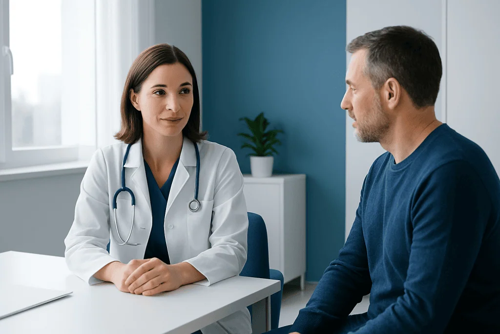 Doctor consulting with a male patient in a modern hospital room.