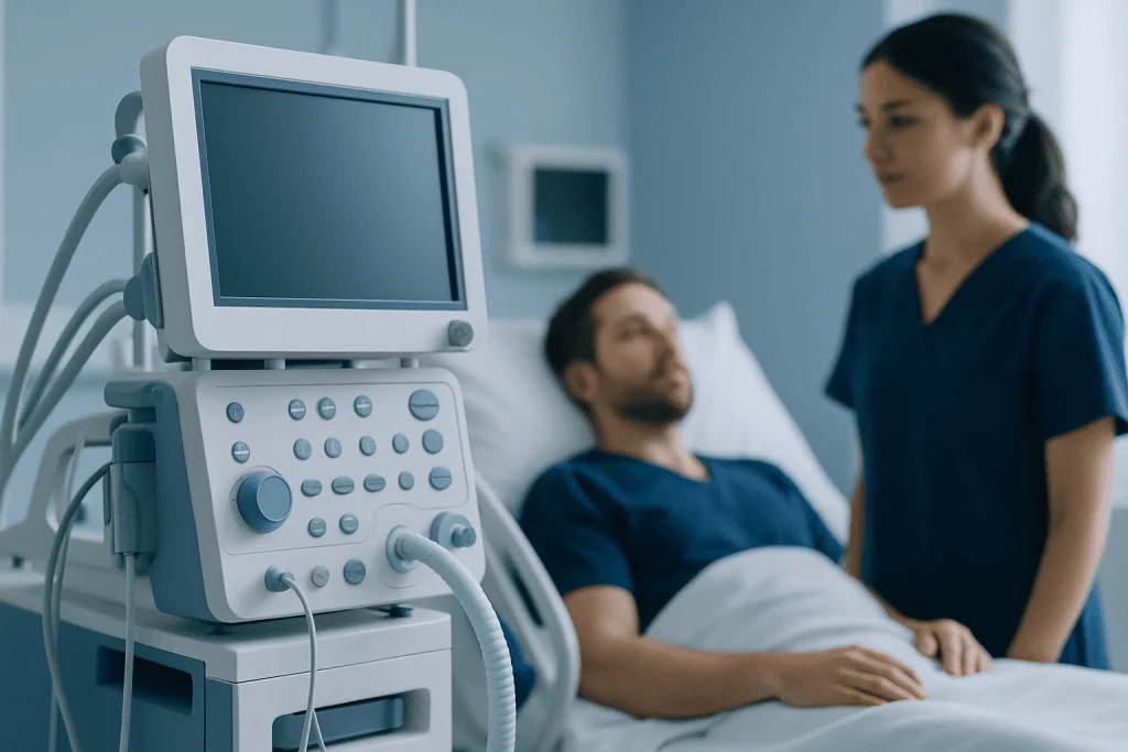 Medical professional monitoring patient with ultrasound machine in hospital.