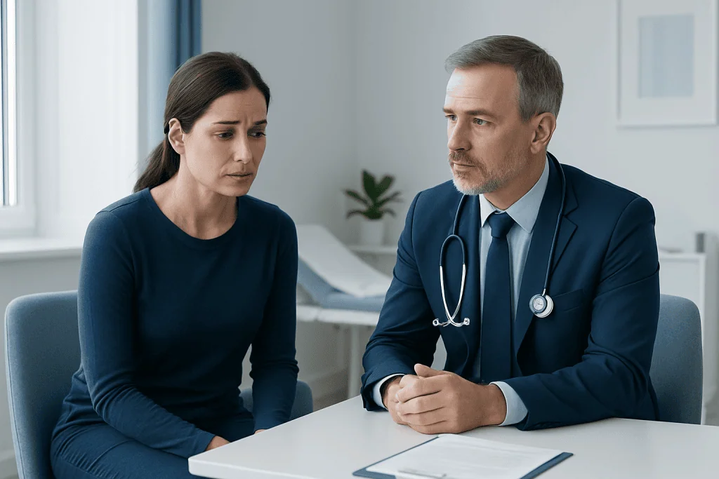 Doctor consulting with a patient about medical leave and documentation.
