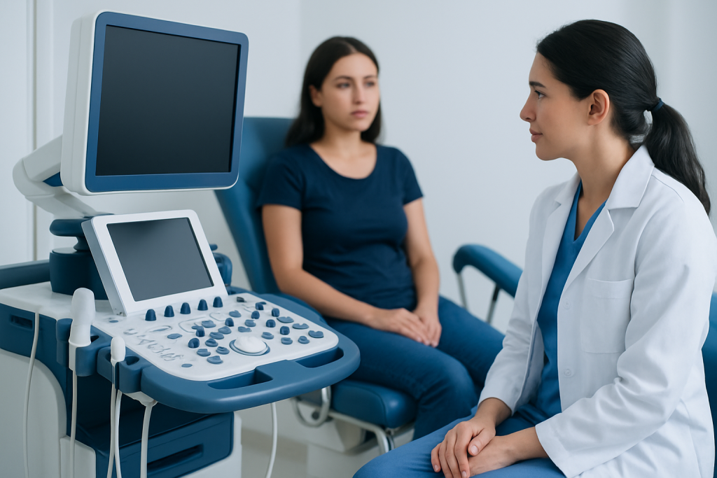 Doctor consulting a patient about irregular periods in a medical clinic.