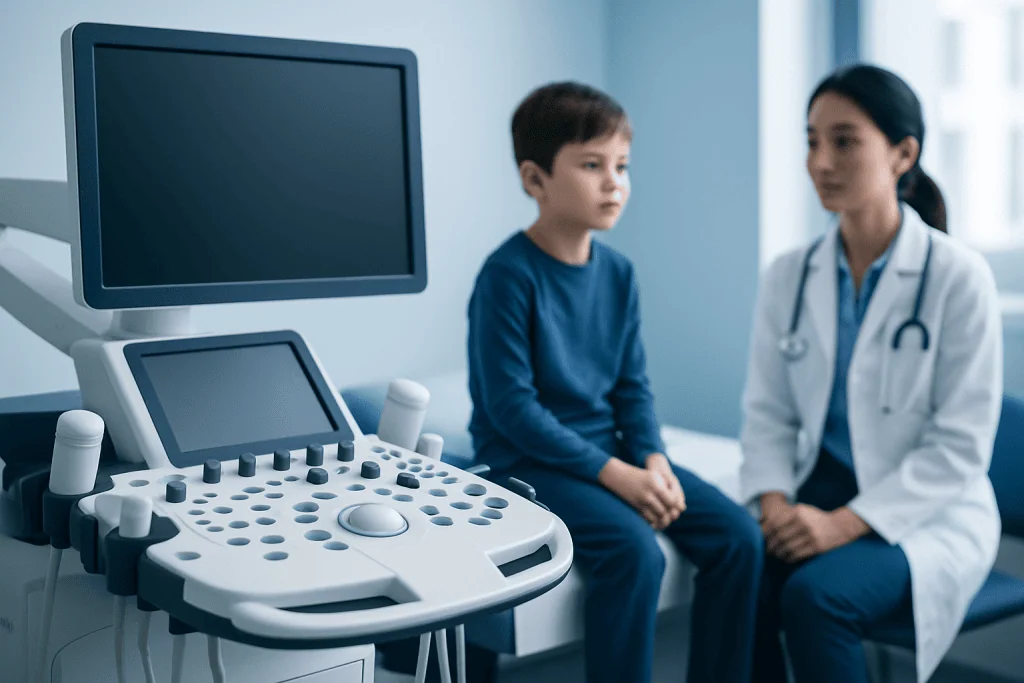 Doctor consulting a young boy in a medical examination room with ultrasound equipment.
