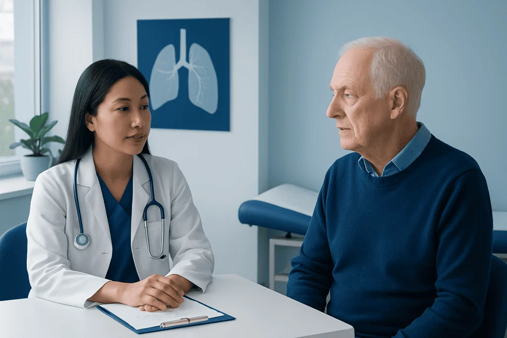 Doctor consulting with an elderly male patient in a hospital room.