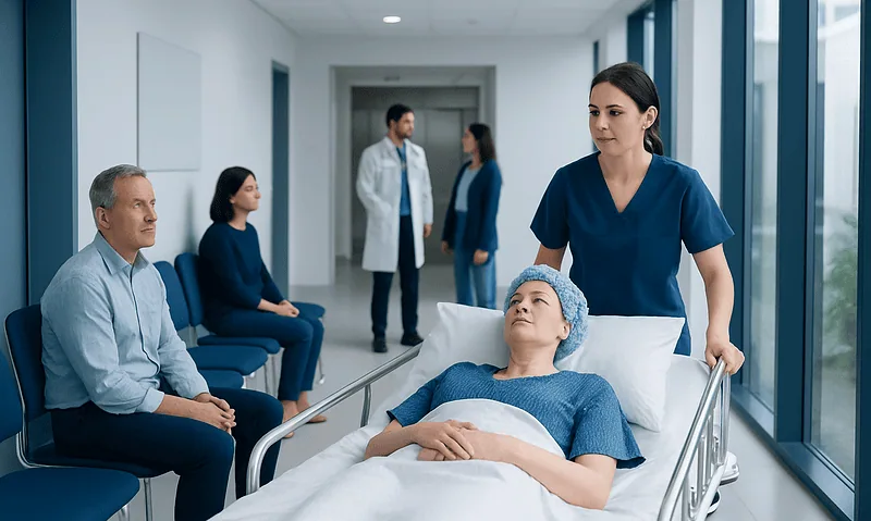 Patient in hospital bed with medical staff and visitors in hospital corridor.