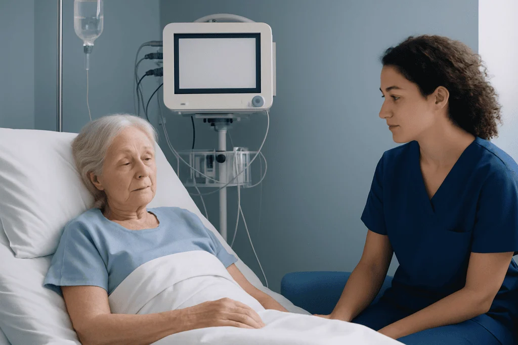 Nurse comforting elderly patient in hospital bed with medical monitor nearby.