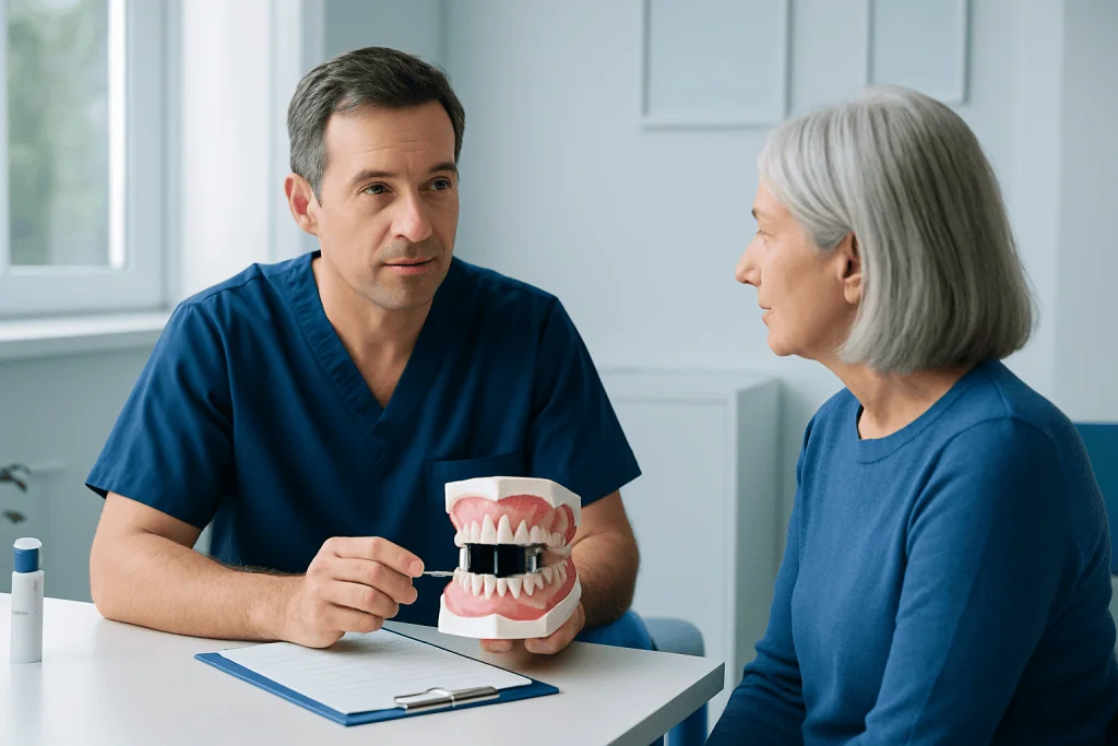 Dentist explaining dental implants to an elderly woman with a model of teeth.
