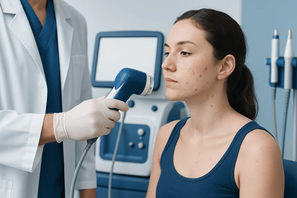 Dermatologist examines acne-prone skin with a skin scanner device.