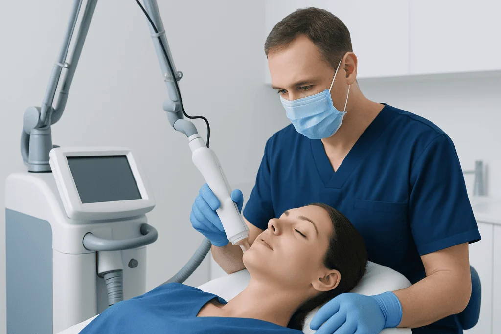 Dermatologist performing skin treatment with advanced equipment at Acibadem Hospital.