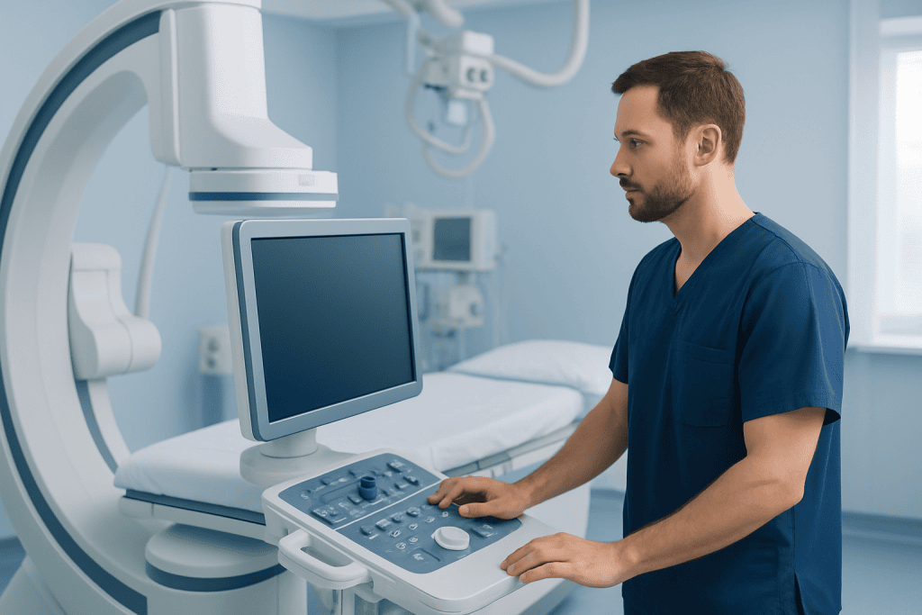 Medical technician operating advanced imaging equipment in a hospital setting.