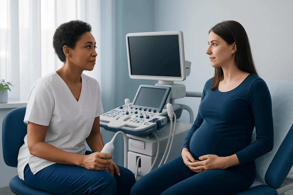 Pregnant woman undergoing ultrasound examination at a medical clinic.