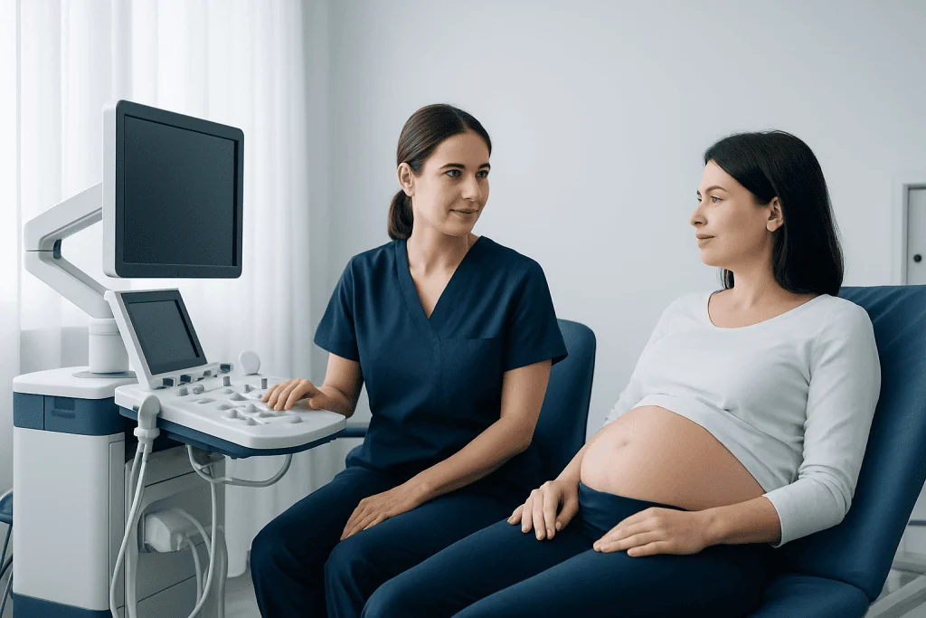 Pregnant woman undergoing ultrasound examination at a hospital.