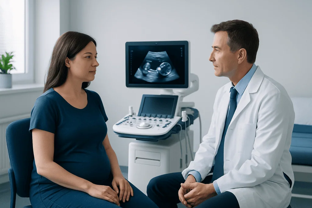Doctor explains ultrasound results to pregnant woman in clinic.