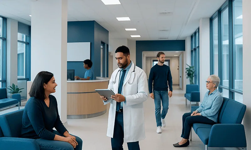 Doctor consulting with patient in hospital waiting area.