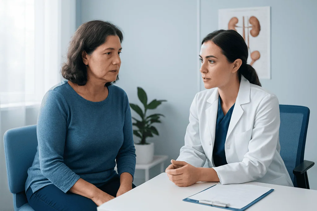 Doctor consulting with a female patient about kidney health.