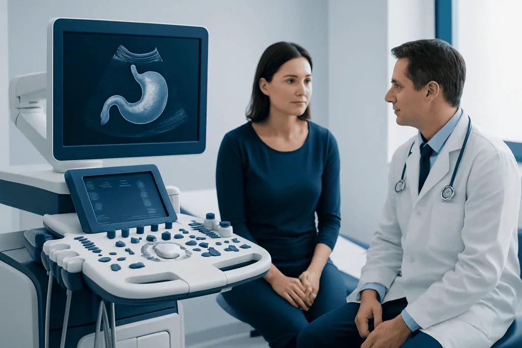 Doctor explaining stomach ultrasound results to a patient in a medical clinic.
