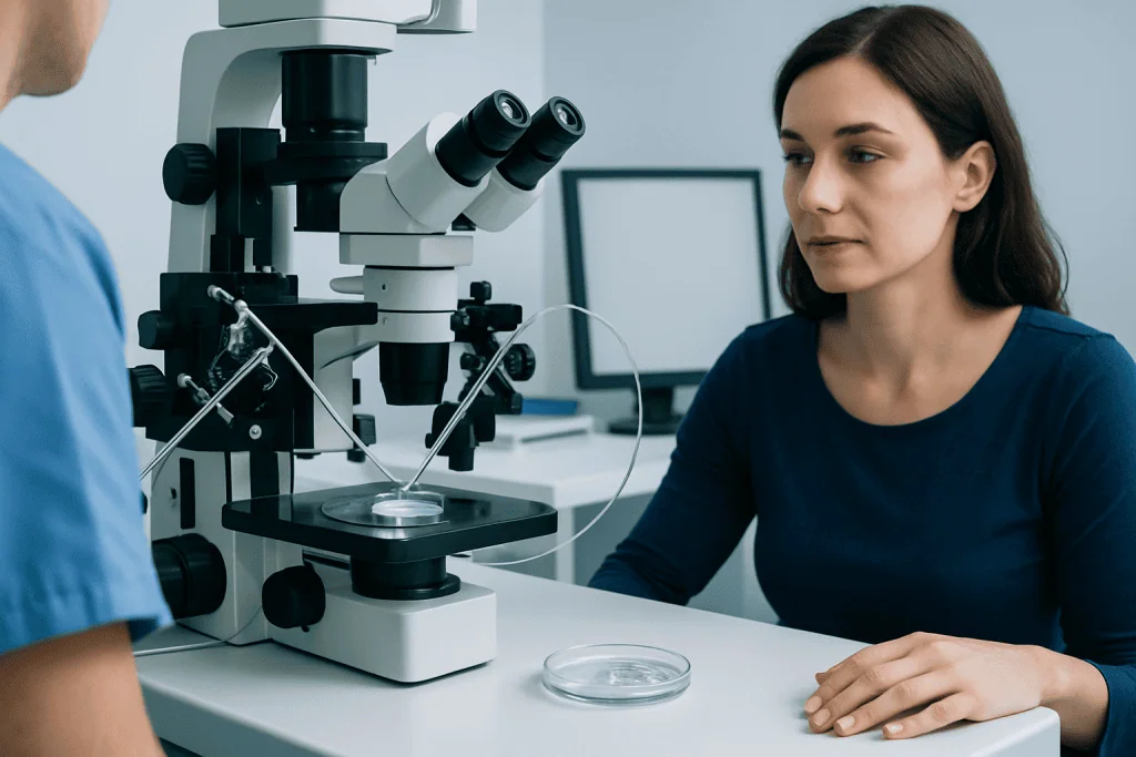 Female patient undergoing fertility examination with a microscope at Acibadem Hospital.