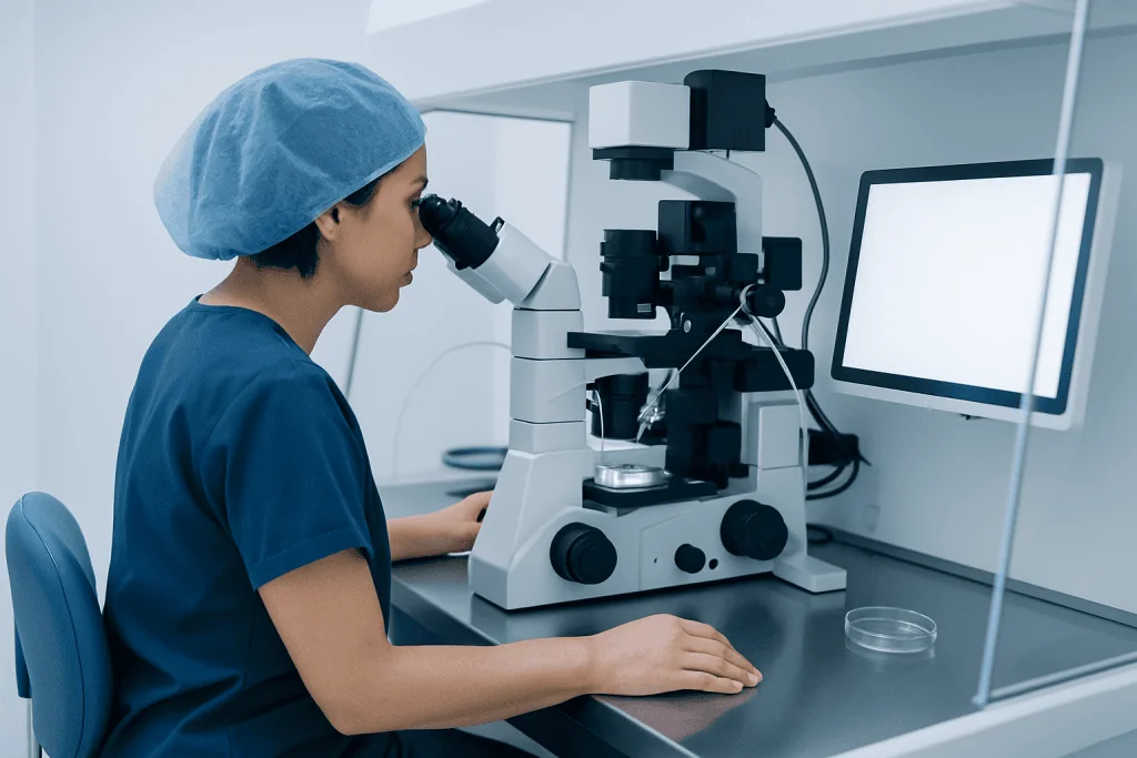 Female scientist using a microscope in a laboratory setting.