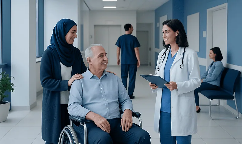 Hospital staff and patient in a cheerful conversation in a hospital corridor.