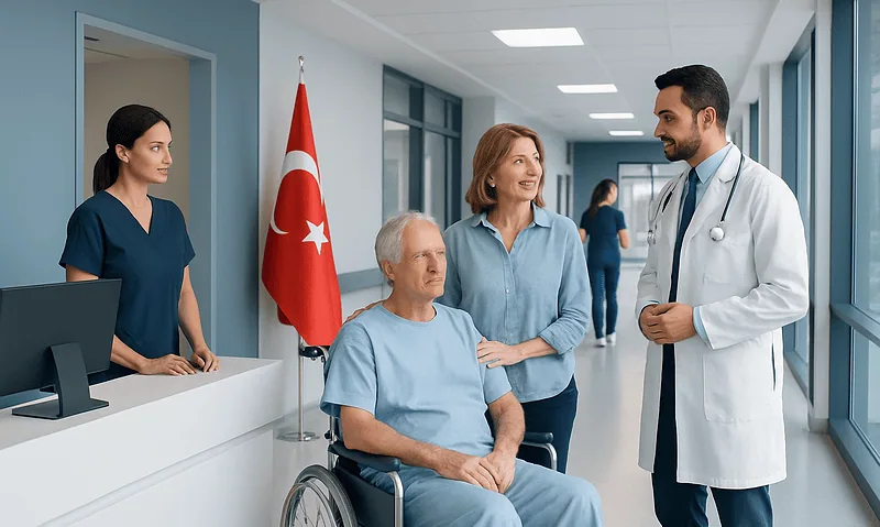 Hospital staff and patient in a Turkish hospital corridor.