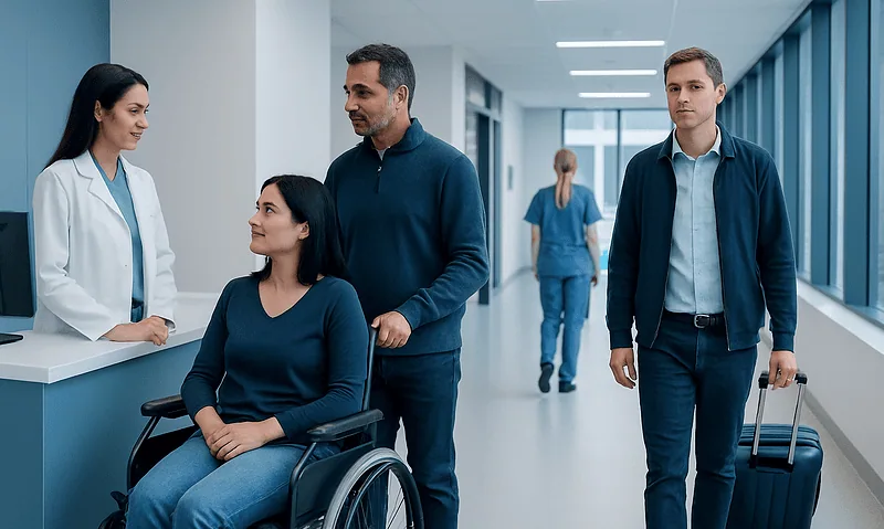 At Acibadem, What International Patients Receive Before Discharge and Return Travel 9 Patients and staff in hospital corridor at Acibadem Hospitals Group.