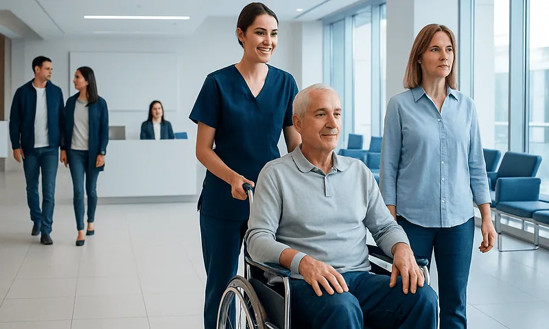 At Acibadem, What Happens After Discharge and When You Return Home 12 Hospital staff assisting a patient in a wheelchair in a modern hospital lobby.