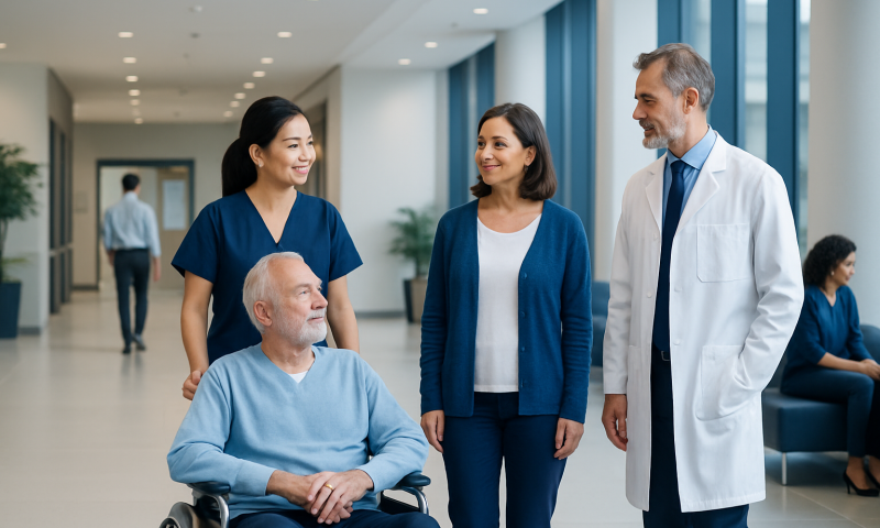 At Acibadem, What International Patients Receive at Discharge Before Returning Home 2 Medical team with patient in hospital corridor at Acibadem Hospitals Group.