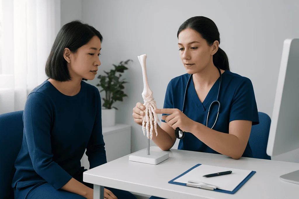 Doctor explaining wrist bones to patient with model in clinic setting.