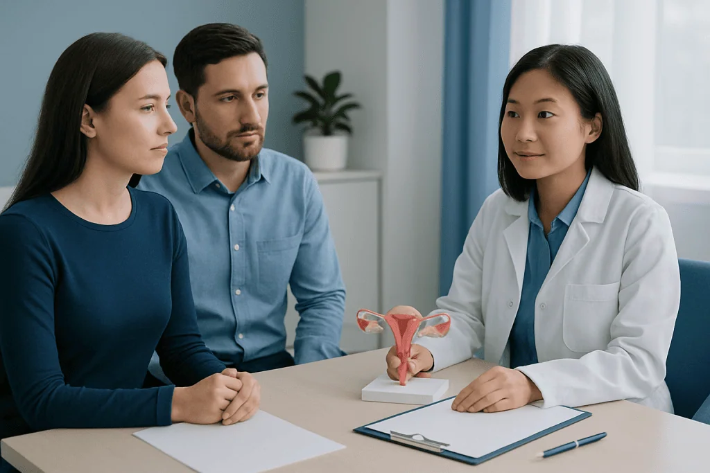 Doctor explaining egg freezing process to a couple in consultation.