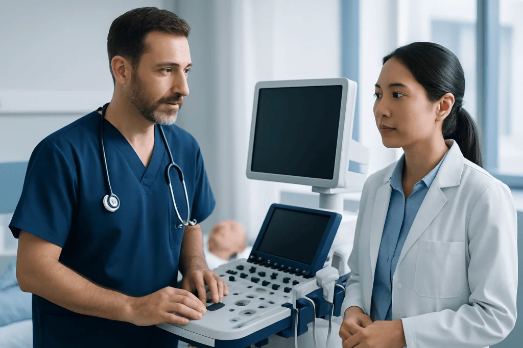 Doctor and nurse discussing patient care with ultrasound machine in background.