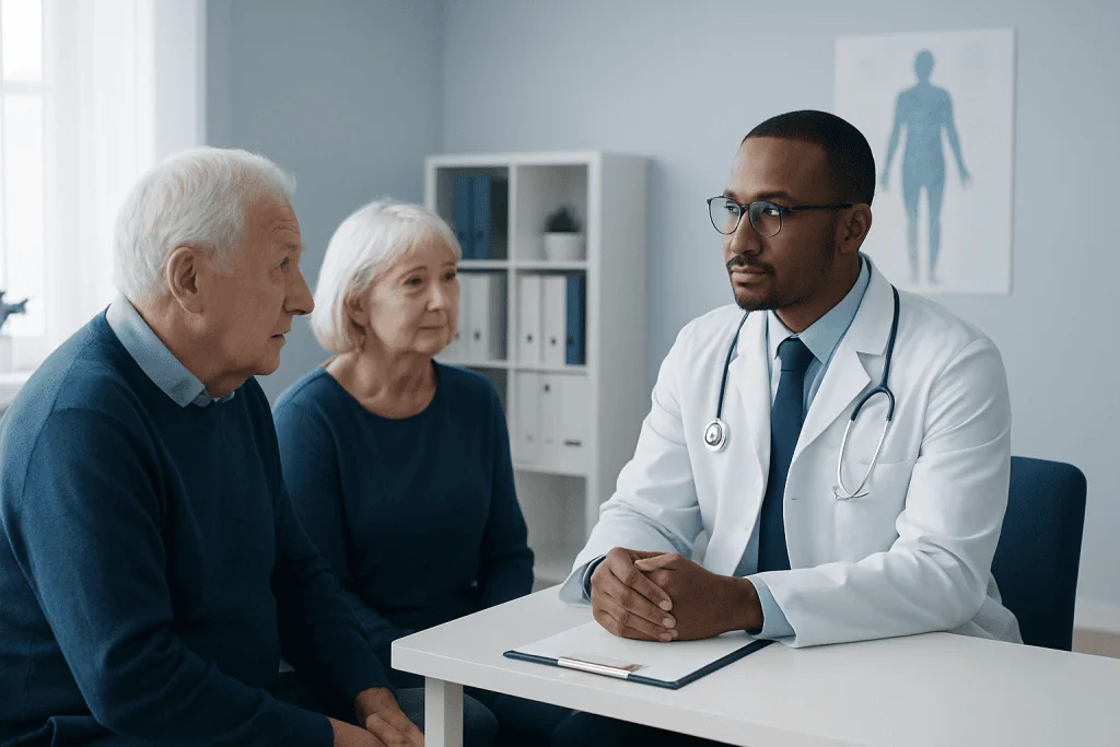 Doctor consulting elderly couple about health and longevity.