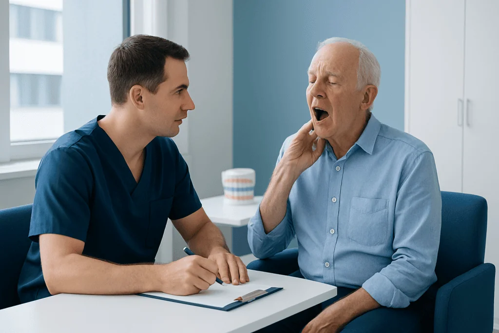 Doctor examining elderly patient's throat during consultation at hospital.