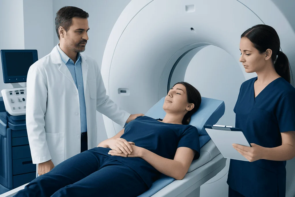 Patient undergoing MRI scan with medical staff at Acibadem Hospital.